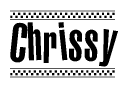 The image is a black and white clipart of the text Chrissy in a bold, italicized font. The text is bordered by a dotted line on the top and bottom, and there are checkered flags positioned at both ends of the text, usually associated with racing or finishing lines.