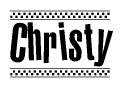 The clipart image displays the text Christy in a bold, stylized font. It is enclosed in a rectangular border with a checkerboard pattern running below and above the text, similar to a finish line in racing. 