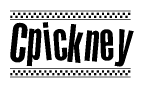 The image is a black and white clipart of the text Cpickney in a bold, italicized font. The text is bordered by a dotted line on the top and bottom, and there are checkered flags positioned at both ends of the text, usually associated with racing or finishing lines.