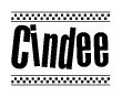 The image is a black and white clipart of the text Cindee in a bold, italicized font. The text is bordered by a dotted line on the top and bottom, and there are checkered flags positioned at both ends of the text, usually associated with racing or finishing lines.