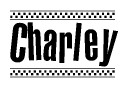 The image contains the text Charley in a bold, stylized font, with a checkered flag pattern bordering the top and bottom of the text.