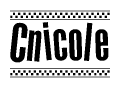 The image is a black and white clipart of the text Cnicole in a bold, italicized font. The text is bordered by a dotted line on the top and bottom, and there are checkered flags positioned at both ends of the text, usually associated with racing or finishing lines.