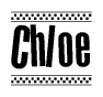 The image is a black and white clipart of the text Chloe in a bold, italicized font. The text is bordered by a dotted line on the top and bottom, and there are checkered flags positioned at both ends of the text, usually associated with racing or finishing lines.