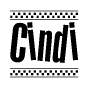 The clipart image displays the text Cindi in a bold, stylized font. It is enclosed in a rectangular border with a checkerboard pattern running below and above the text, similar to a finish line in racing. 