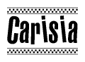 The image contains the text Carisia in a bold, stylized font, with a checkered flag pattern bordering the top and bottom of the text.