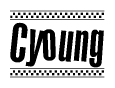 The clipart image displays the text Cyoung in a bold, stylized font. It is enclosed in a rectangular border with a checkerboard pattern running below and above the text, similar to a finish line in racing. 