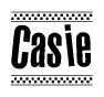 The image contains the text Casie in a bold, stylized font, with a checkered flag pattern bordering the top and bottom of the text.