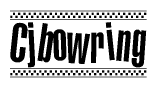 The image is a black and white clipart of the text Cjbowring in a bold, italicized font. The text is bordered by a dotted line on the top and bottom, and there are checkered flags positioned at both ends of the text, usually associated with racing or finishing lines.