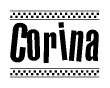 The image is a black and white clipart of the text Corina in a bold, italicized font. The text is bordered by a dotted line on the top and bottom, and there are checkered flags positioned at both ends of the text, usually associated with racing or finishing lines.