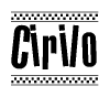 The image is a black and white clipart of the text Cirilo in a bold, italicized font. The text is bordered by a dotted line on the top and bottom, and there are checkered flags positioned at both ends of the text, usually associated with racing or finishing lines.