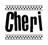 The image contains the text Cheri in a bold, stylized font, with a checkered flag pattern bordering the top and bottom of the text.