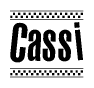 The clipart image displays the text Cassi in a bold, stylized font. It is enclosed in a rectangular border with a checkerboard pattern running below and above the text, similar to a finish line in racing. 