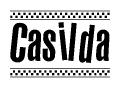 The image is a black and white clipart of the text Casilda in a bold, italicized font. The text is bordered by a dotted line on the top and bottom, and there are checkered flags positioned at both ends of the text, usually associated with racing or finishing lines.