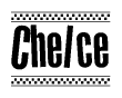 The image contains the text Chelce in a bold, stylized font, with a checkered flag pattern bordering the top and bottom of the text.