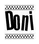 The image is a black and white clipart of the text Doni in a bold, italicized font. The text is bordered by a dotted line on the top and bottom, and there are checkered flags positioned at both ends of the text, usually associated with racing or finishing lines.
