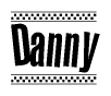 The image is a black and white clipart of the text Danny in a bold, italicized font. The text is bordered by a dotted line on the top and bottom, and there are checkered flags positioned at both ends of the text, usually associated with racing or finishing lines.