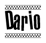 The clipart image displays the text Dario in a bold, stylized font. It is enclosed in a rectangular border with a checkerboard pattern running below and above the text, similar to a finish line in racing. 