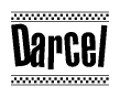The clipart image displays the text Darcel in a bold, stylized font. It is enclosed in a rectangular border with a checkerboard pattern running below and above the text, similar to a finish line in racing. 