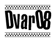 The image is a black and white clipart of the text Dvar08 in a bold, italicized font. The text is bordered by a dotted line on the top and bottom, and there are checkered flags positioned at both ends of the text, usually associated with racing or finishing lines.