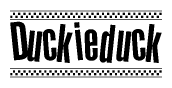 The image is a black and white clipart of the text Duckieduck in a bold, italicized font. The text is bordered by a dotted line on the top and bottom, and there are checkered flags positioned at both ends of the text, usually associated with racing or finishing lines.