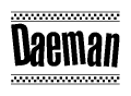 The image is a black and white clipart of the text Daeman in a bold, italicized font. The text is bordered by a dotted line on the top and bottom, and there are checkered flags positioned at both ends of the text, usually associated with racing or finishing lines.