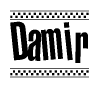 The image is a black and white clipart of the text Damir in a bold, italicized font. The text is bordered by a dotted line on the top and bottom, and there are checkered flags positioned at both ends of the text, usually associated with racing or finishing lines.
