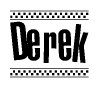 The image is a black and white clipart of the text Derek in a bold, italicized font. The text is bordered by a dotted line on the top and bottom, and there are checkered flags positioned at both ends of the text, usually associated with racing or finishing lines.