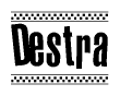 The clipart image displays the text Destra in a bold, stylized font. It is enclosed in a rectangular border with a checkerboard pattern running below and above the text, similar to a finish line in racing. 