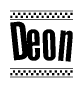 The image is a black and white clipart of the text Deon in a bold, italicized font. The text is bordered by a dotted line on the top and bottom, and there are checkered flags positioned at both ends of the text, usually associated with racing or finishing lines.