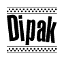 The image is a black and white clipart of the text Dipak in a bold, italicized font. The text is bordered by a dotted line on the top and bottom, and there are checkered flags positioned at both ends of the text, usually associated with racing or finishing lines.