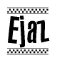 The image contains the text Ejaz in a bold, stylized font, with a checkered flag pattern bordering the top and bottom of the text.