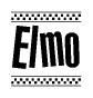 The image is a black and white clipart of the text Elmo in a bold, italicized font. The text is bordered by a dotted line on the top and bottom, and there are checkered flags positioned at both ends of the text, usually associated with racing or finishing lines.