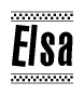 The image is a black and white clipart of the text Elsa in a bold, italicized font. The text is bordered by a dotted line on the top and bottom, and there are checkered flags positioned at both ends of the text, usually associated with racing or finishing lines.