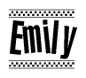 The image is a black and white clipart of the text Emily in a bold, italicized font. The text is bordered by a dotted line on the top and bottom, and there are checkered flags positioned at both ends of the text, usually associated with racing or finishing lines.