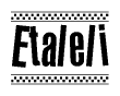 The image is a black and white clipart of the text Etaleli in a bold, italicized font. The text is bordered by a dotted line on the top and bottom, and there are checkered flags positioned at both ends of the text, usually associated with racing or finishing lines.