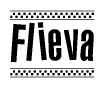 The image is a black and white clipart of the text Flieva in a bold, italicized font. The text is bordered by a dotted line on the top and bottom, and there are checkered flags positioned at both ends of the text, usually associated with racing or finishing lines.