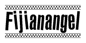 The image is a black and white clipart of the text Fijianangel in a bold, italicized font. The text is bordered by a dotted line on the top and bottom, and there are checkered flags positioned at both ends of the text, usually associated with racing or finishing lines.