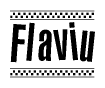 The image is a black and white clipart of the text Flaviu in a bold, italicized font. The text is bordered by a dotted line on the top and bottom, and there are checkered flags positioned at both ends of the text, usually associated with racing or finishing lines.