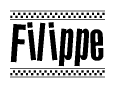 The image is a black and white clipart of the text Filippe in a bold, italicized font. The text is bordered by a dotted line on the top and bottom, and there are checkered flags positioned at both ends of the text, usually associated with racing or finishing lines.