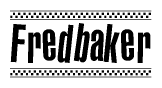 The image contains the text Fredbaker in a bold, stylized font, with a checkered flag pattern bordering the top and bottom of the text.