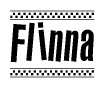 The image contains the text Flinna in a bold, stylized font, with a checkered flag pattern bordering the top and bottom of the text.