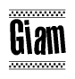 The clipart image displays the text Giam in a bold, stylized font. It is enclosed in a rectangular border with a checkerboard pattern running below and above the text, similar to a finish line in racing. 