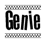The image contains the text Genie in a bold, stylized font, with a checkered flag pattern bordering the top and bottom of the text.