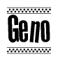 The clipart image displays the text Geno in a bold, stylized font. It is enclosed in a rectangular border with a checkerboard pattern running below and above the text, similar to a finish line in racing. 