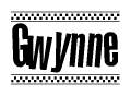The clipart image displays the text Gwynne in a bold, stylized font. It is enclosed in a rectangular border with a checkerboard pattern running below and above the text, similar to a finish line in racing. 