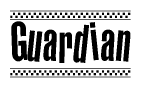 The image is a black and white clipart of the text Guardian in a bold, italicized font. The text is bordered by a dotted line on the top and bottom, and there are checkered flags positioned at both ends of the text, usually associated with racing or finishing lines.