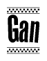The image is a black and white clipart of the text Gan in a bold, italicized font. The text is bordered by a dotted line on the top and bottom, and there are checkered flags positioned at both ends of the text, usually associated with racing or finishing lines.