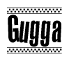 The clipart image displays the text Gugga in a bold, stylized font. It is enclosed in a rectangular border with a checkerboard pattern running below and above the text, similar to a finish line in racing. 