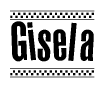 The image contains the text Gisela in a bold, stylized font, with a checkered flag pattern bordering the top and bottom of the text.