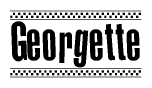 The image is a black and white clipart of the text Georgette in a bold, italicized font. The text is bordered by a dotted line on the top and bottom, and there are checkered flags positioned at both ends of the text, usually associated with racing or finishing lines.